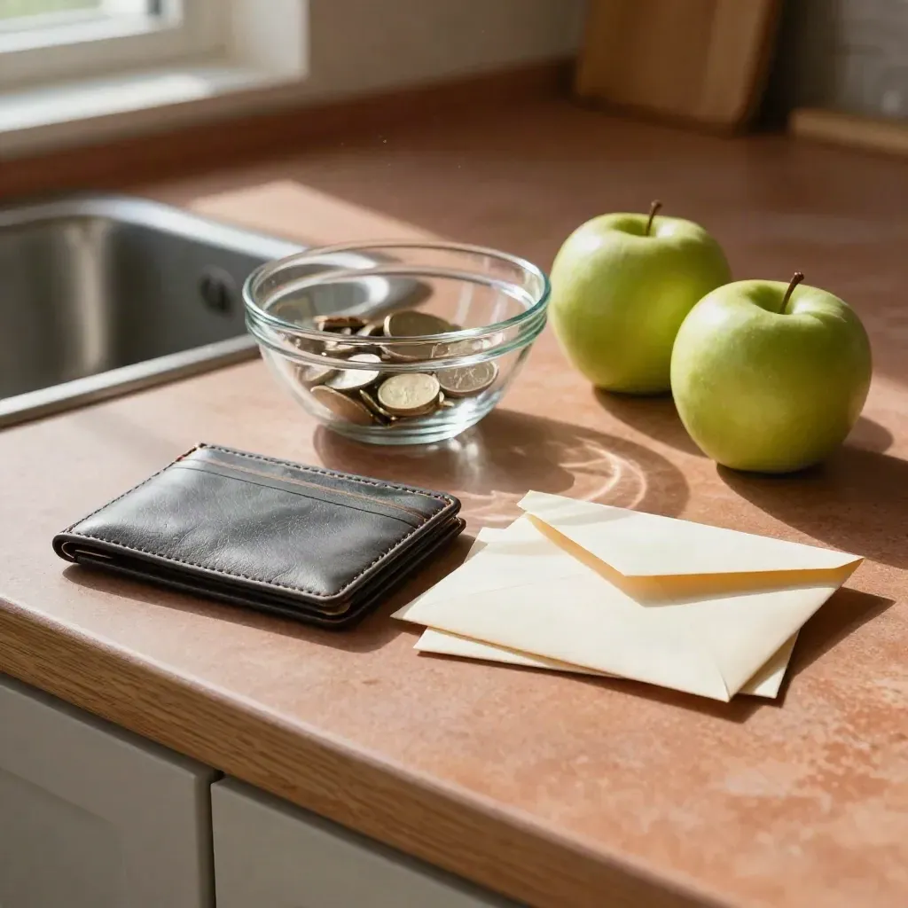 Keukenblad met spaarwallet, muntenbakje, appels en omgekeerde rekeningen in middaglicht.