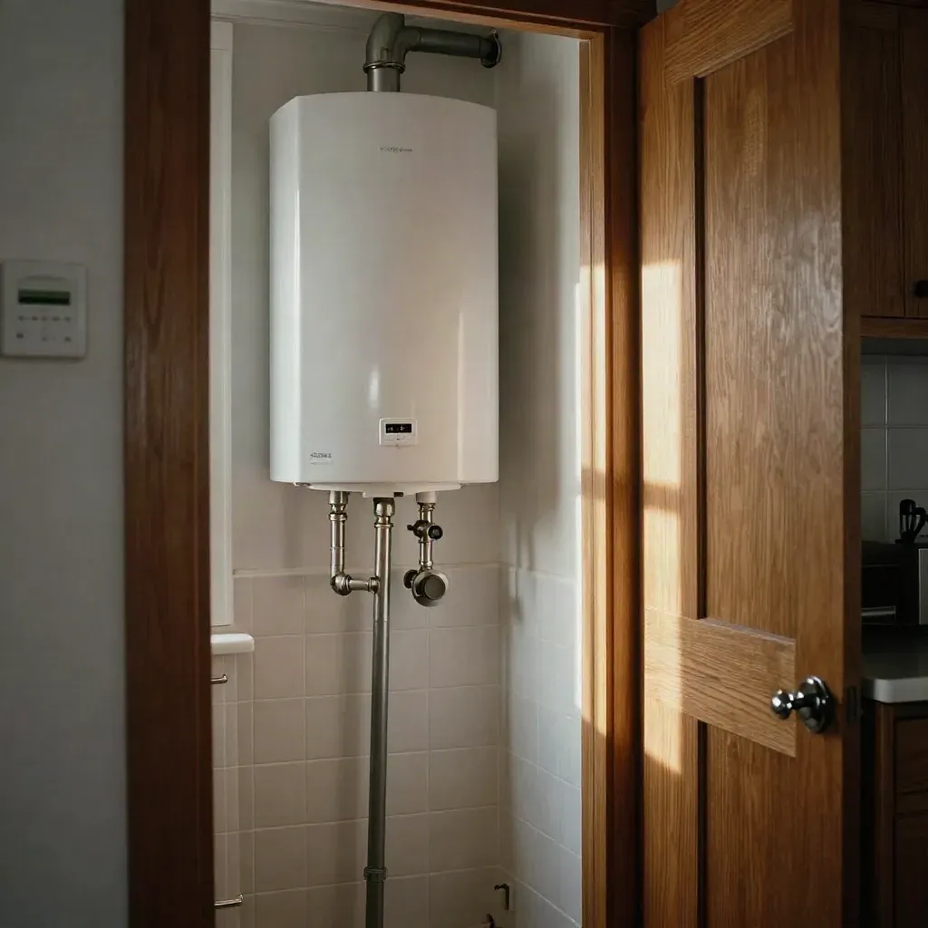 Boilerhoek in een Rotterdamse flat met thermostaat en zacht ochtendlicht.