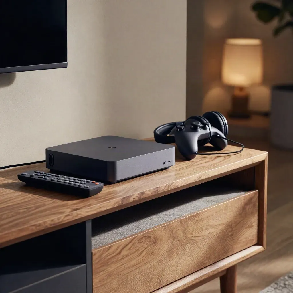Streamingspullen op een mediaschap met afstandsbedieningen, box, controller en koptelefoon.