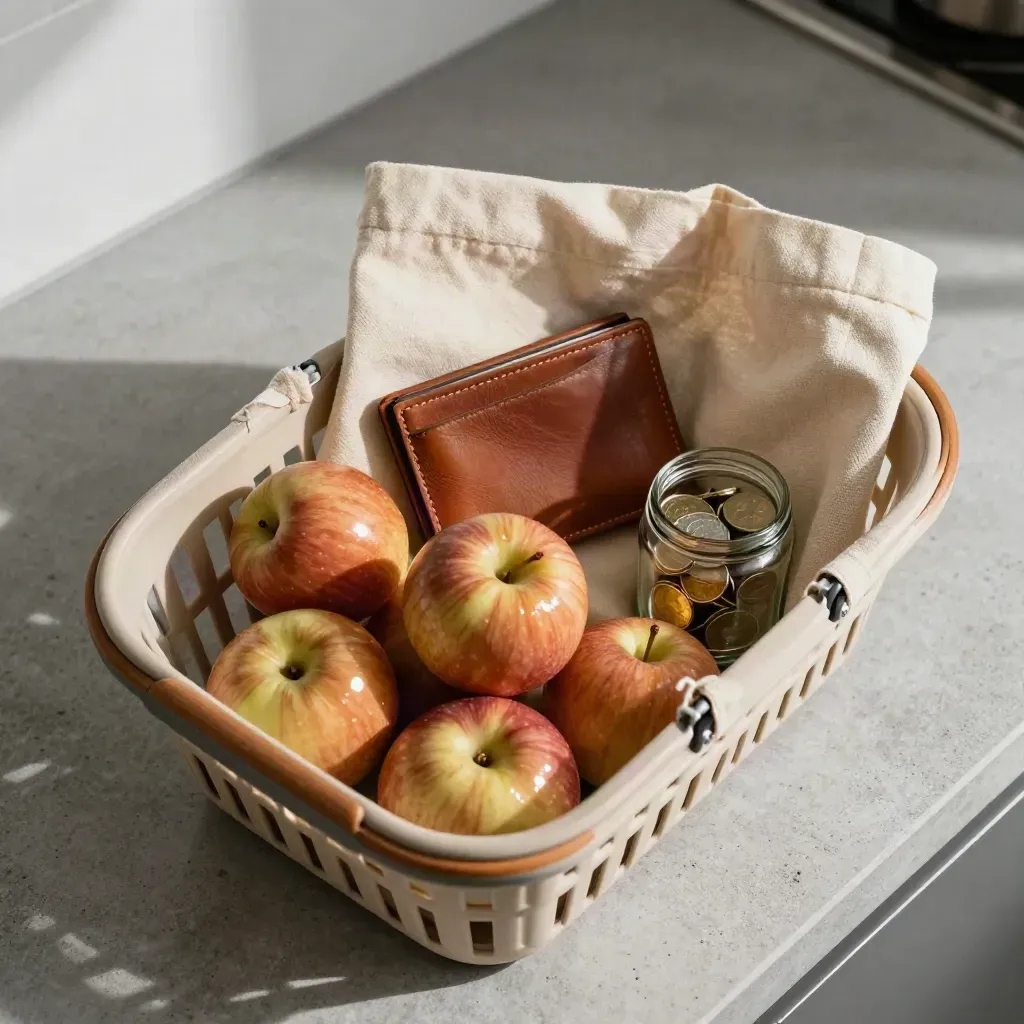 Bovenaanzicht van een boodschappentas, appels, portemonnee met klantenkaarten en muntpotje op aanrecht.